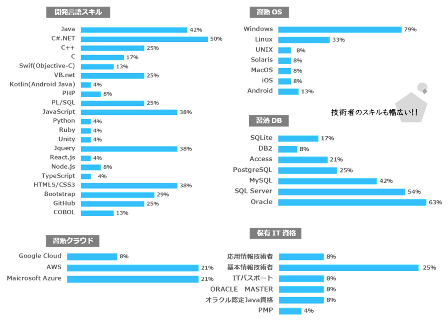 開発言語スキル／OS習熟率／DB習熟率／IT資格保有率